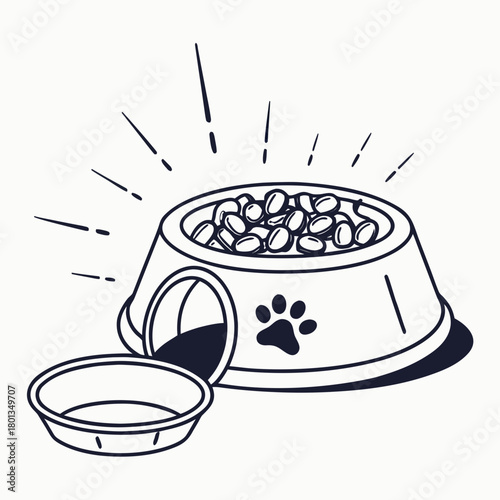 Illustration of a dog bowl full of food, with a paw print on the side and a smaller bowl next to it isolated on vector drawing of pet supplies