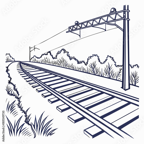 Illustration of a railway track disappearing into the distance, representing travel, transportation, and journey isolated on the design is simple and clean