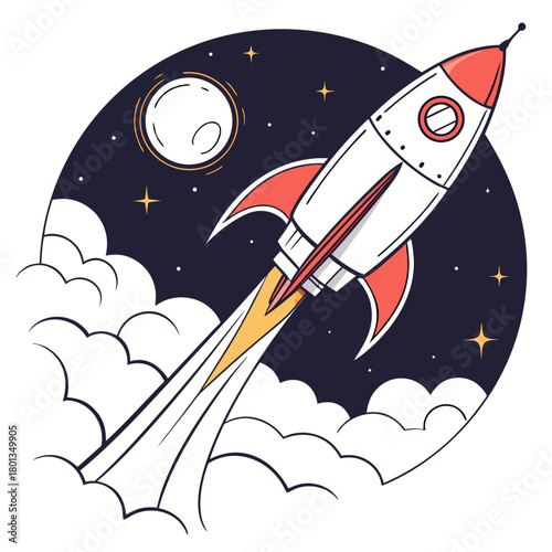 A whimsical cartoon illustration of a rocket ship soaring through a starry night sky, surrounded by fluffy clouds and a radiant moon, isolated on