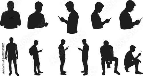 Silhouettes, smartphone, people, mobile, technology, communication, digital, lifestyle, addiction, modern, screen, users, posture, interaction, device, browsing, texting, standing
