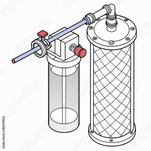 Illustration of a water filtration system with multiple cartridges and a valve, designed to purify water by removing impurities, isolated on