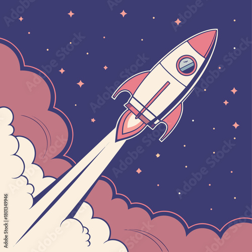 A retrostyle cartoon illustration of a rocket ship launching into a starry sky with stylized clouds and a vintage color palette, isolated on