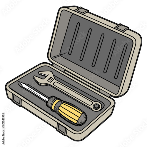 An open toolbox isolated on containing a yellow and black screwdriver and an adjustable wrench, perfect for diy projects and home repairs