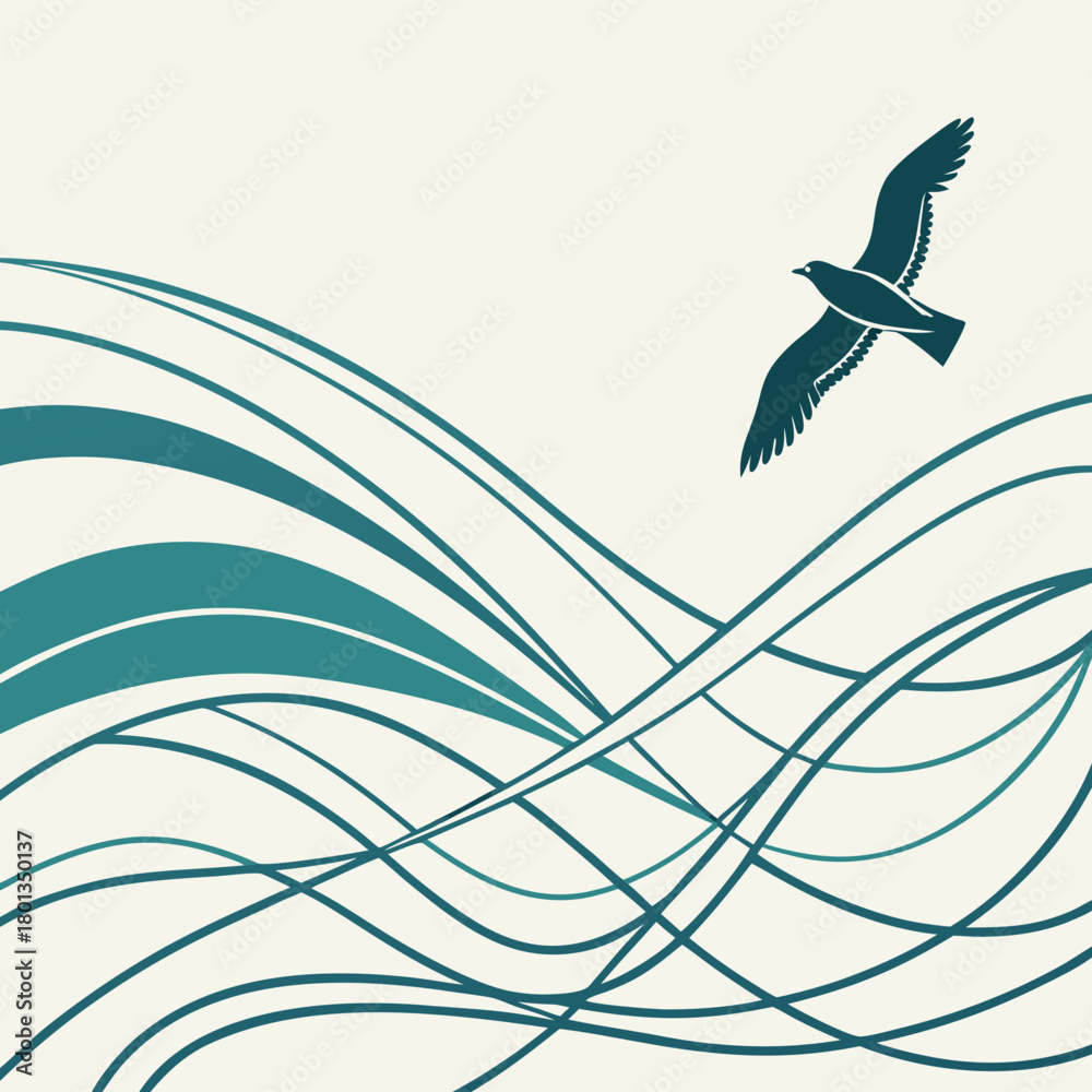Obraz premium A serene illustration of a seagull flying over stylized waves, evoking a sense of freedom, tranquility, and the beauty of nature, isolated on