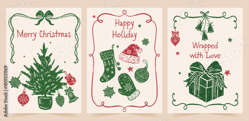Christmas textured vector greeting card set with festive elements: Christmas trees, ornaments, Santa hat, mittens, stockings, gifts, and bells. Perfect for holiday designs and seasonal cards