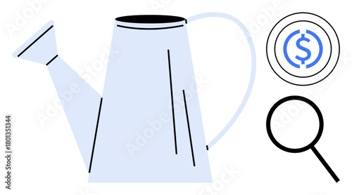 Metal watering can, dollar sign in circle, magnifying glass. Ideal for financial growth, investment strategy, business planning, savings optimization, money management, profit tracking simple flat