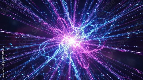 Abstract cosmic energy burst with glowing particles and vibrant light trails emanating outward