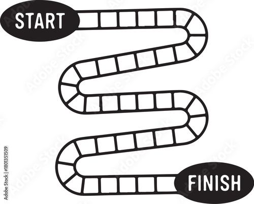 Black and white silhouette of a winding game board path with start and finish oval labels on a white background on transparent background