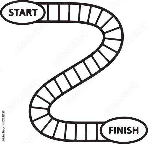 Black and white simple winding game board path with start and finish labels Keywords: game board, path, start, finish, winding, track, game, play, leisure, recreation, on transparent background