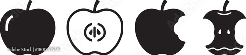 Black Silhouette Icons of an Apple Whole Half Bitten and Core fruit food on transparent background