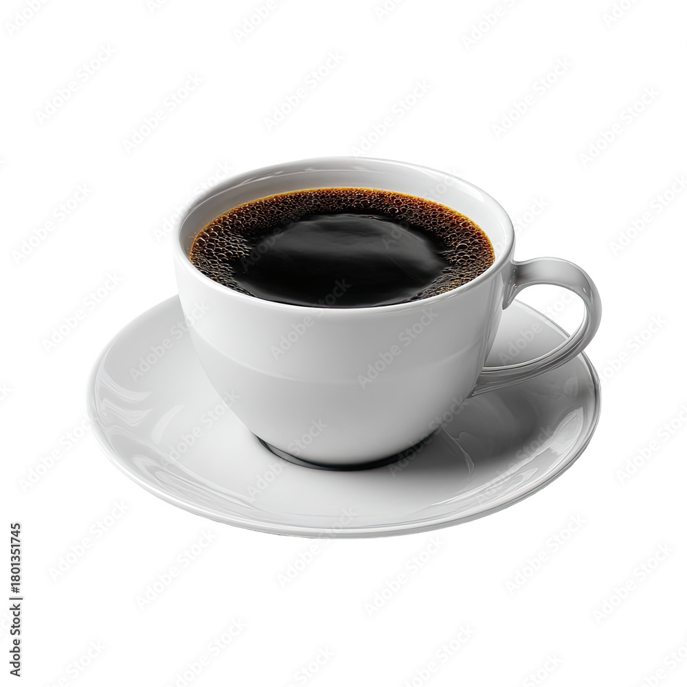 Obraz premium White ceramic mug of dark coffee sits on matching saucer against black backdrop