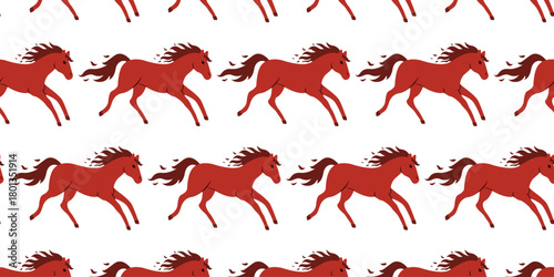 Red horses running in a pattern on a white background for decorative purposes