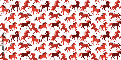 Colorful pattern of galloping horses in shades of red on a white background creates a vibrant design