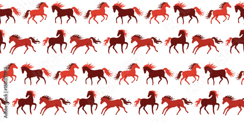 Pattern of spirited horses in vibrant shades running across a white background for creative design purposes