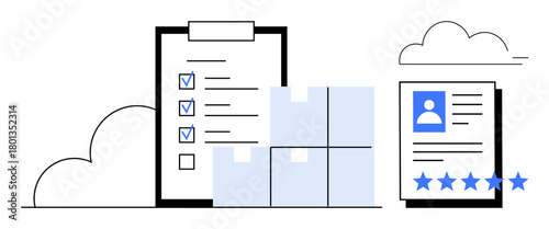 Checklist with marked tasks, multiple shipping boxes, and a profile card with a star rating. Ideal for logistics, delivery, inventory management, quality assurance, review systems, business