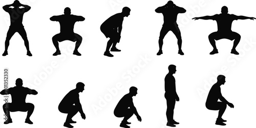 Squat exercise silhouette, fitness pose collection, workout movement illustration, gym training icon, body strength posture set