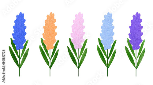 Five colorful textured flowers with green leaves, arranged in row, display shades of blue, orange, pink, and purple, evoking cheerful and playful springtime mood