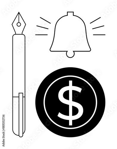Fountain pen beside ringing bell and dollar coin suggesting ideas of writing, alerts, and financial transactions. Ideal for creativity, business, communication, finance, notifications, education