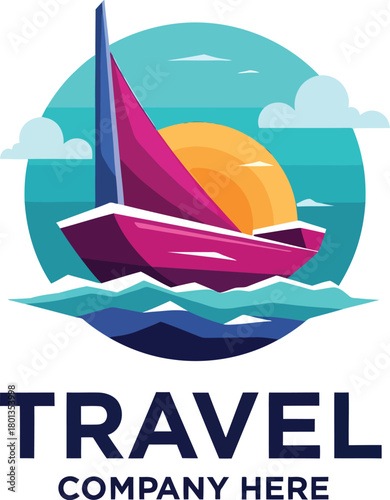 Yacht Travel Logo With Sunset Scene
