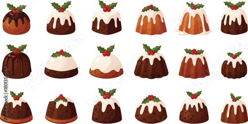 A collection of festive christmas puddings decorated for the holidays