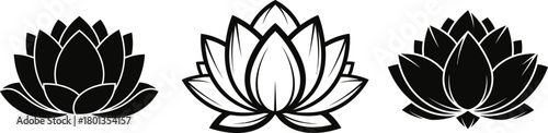 Three stylized black and white lotus flower illustrations in a row