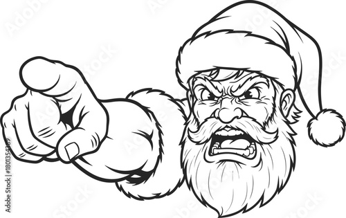 Angry santa claus pointing finger with fierce expression and beard