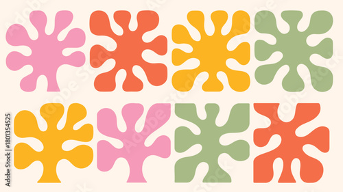 Abstract organic shapes in a playful retro pattern with a palette of pastel pink orange yellow and green colors