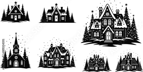 Collection of spooky gothic victorian houses with pine trees in black and white