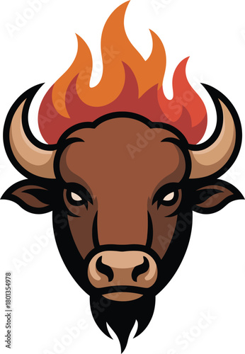 Furious bull head with raging fire flames logo mascot esport design illustration vector icon