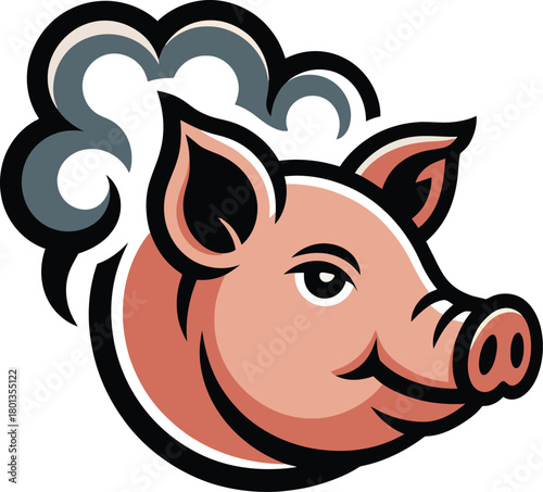 Smiling pig head mascot illustration with smoke trails representing deliciously prepared food or cooking vapor