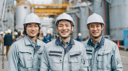 長髪の男性作業員が屋外で並んで立つ様子