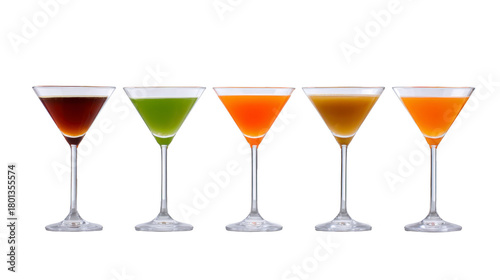 Five colorful cocktails in martini glasses arranged in row featuring vibrant orange green brown and yellow hues isolated on transparency background festive and refreshing