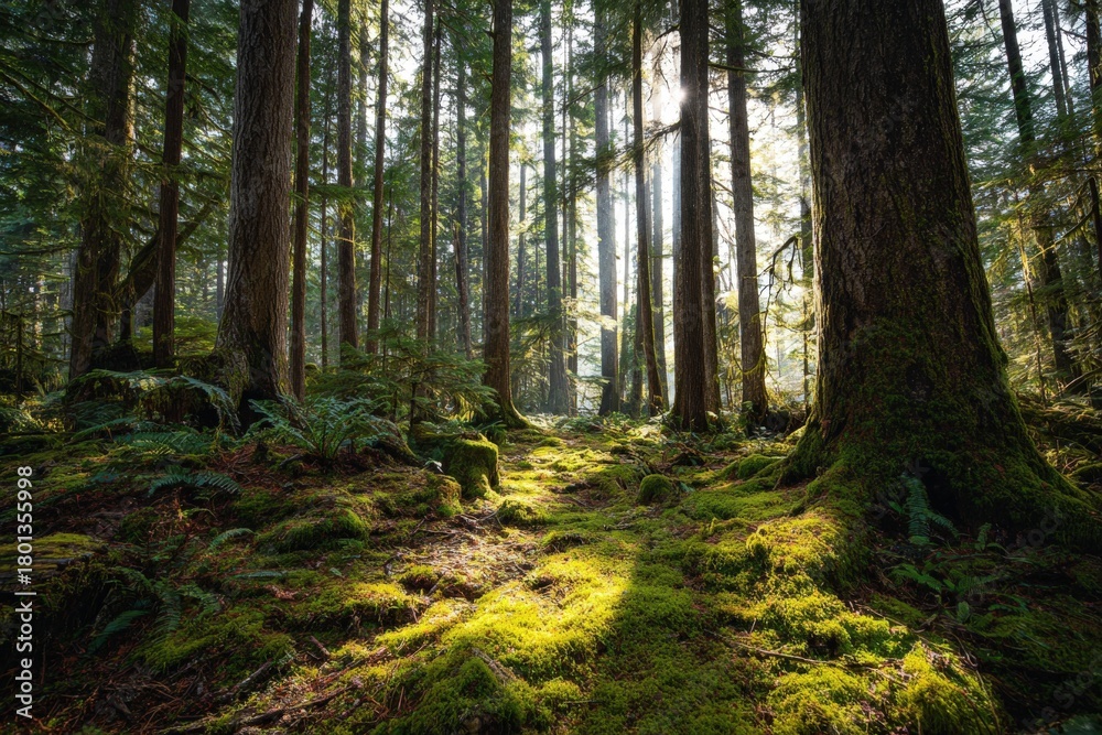 Obraz premium Lush green forest with tall trees, sunlight filtering through branches, illuminating vibrant moss-covered ground, creating a serene and tranquil natural environment
