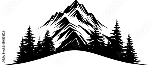 Black mountain silhouette inside circle with artistic texture splashes, vector logo illustration representing nature, adventure, hiking, and outdoor exploration