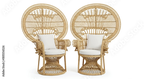 Dual Natural Rattan Peacock Throne Chairs with White Cushions on Isolated Background