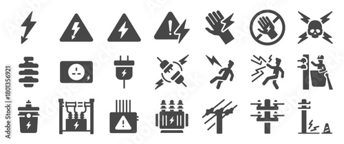 High voltage solid icon set. It includes electricity, electric, transmission line, tower, insulator and more icons.
