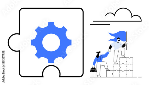 Large gear puzzle piece beside two individuals assembling block steps one assists another to climb. Ideal for teamwork, problem-solving, innovation, growth, leadership, collaboration, simple flat
