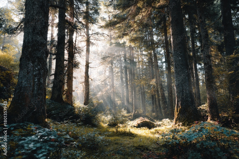 Obraz premium Enchanting forest scene with tall trees illuminated by soft sunlight, creating a serene atmosphere filled with lush greenery and vibrant foliage, inviting exploration and tranquility