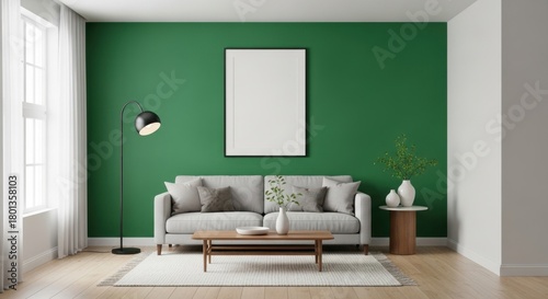 Fototapeta Naklejka Na Ścianę i Meble -  Modern minimalist living room with green accent wall and stylish decor design