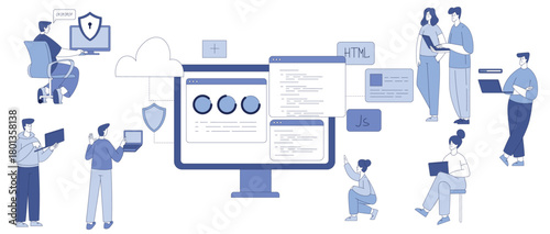 Programming with Man and Woman Character Working on Web and Application Development Vector Set