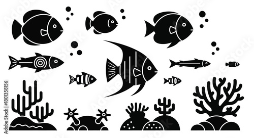 Black and white vector graphic of sea life with fish and coral