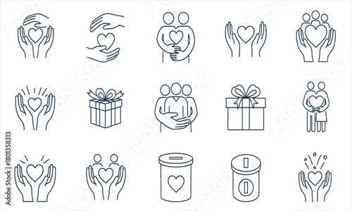 Set of Charity and Support Icons Symbols of Giving, Care, Love, and Generosity for Good Causes