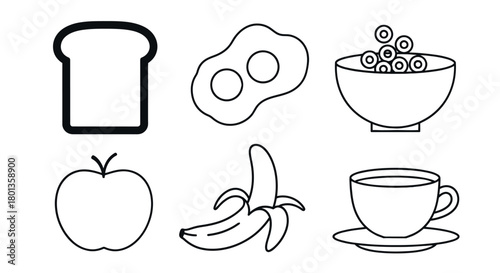 Breakfast food illustration with toast eggs cereal and fruits