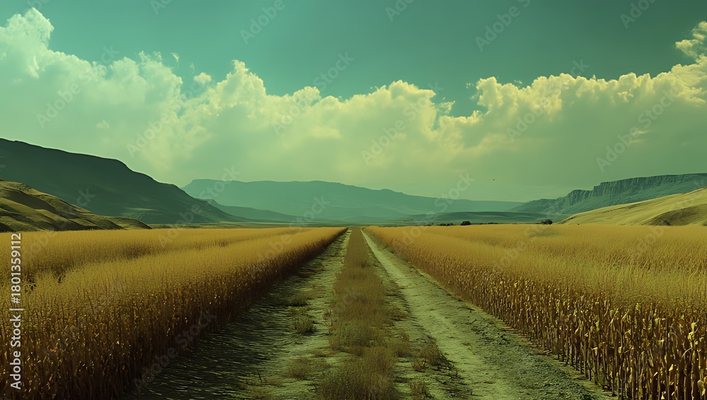 Obraz premium Wide dirt road through golden corn fields under a cloudy teal sky with distant mountains agriculture