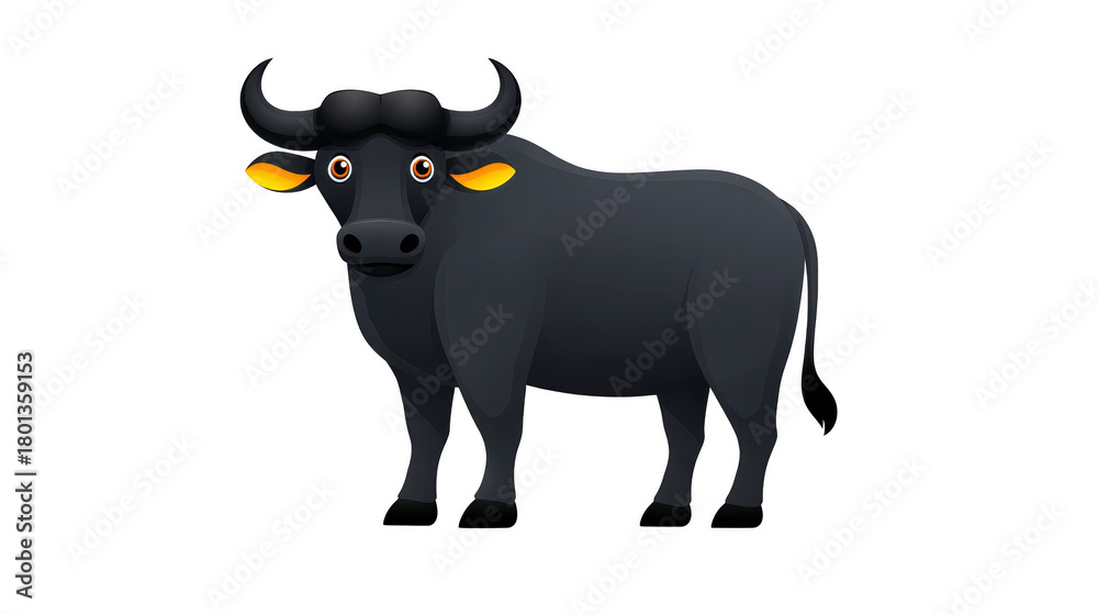 Fototapeta premium Cartoon buffalo black fur large curved horn standing yellow ear isolated on white farm animal livestock rural cute simple style vector illustration