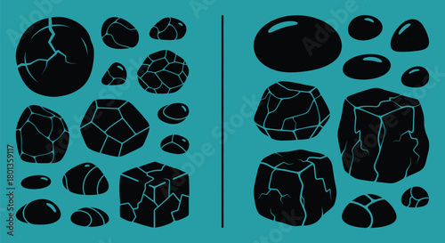 Black rocks stones pebbles boulders vector illustration set art