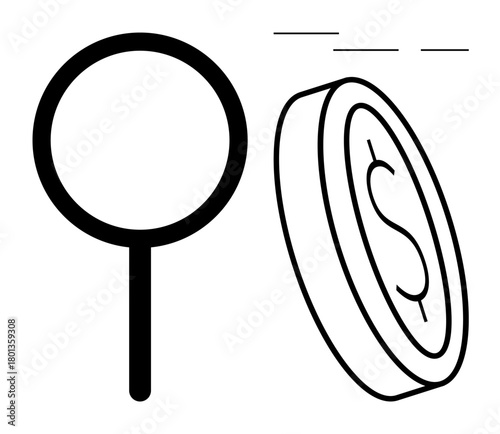 Magnifying glass with a flying coin featuring a dollar sign representing financial scrutiny, value analysis, and market trends. Ideal for finance, economy, investment, taxes, risk assessment, audits