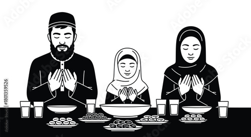Illustration of muslim family praying before iftar ramadan kareem