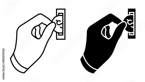 Linear icon. Consumer deposits US dollar coin and tops up balance of a bank card via a coin acceptor banking terminal. Simple vector isolated on white background