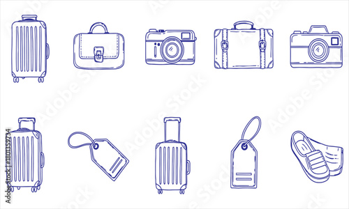 Travel Essentials Line Art Icons Luggage, Camera, and More for Vacation Planning